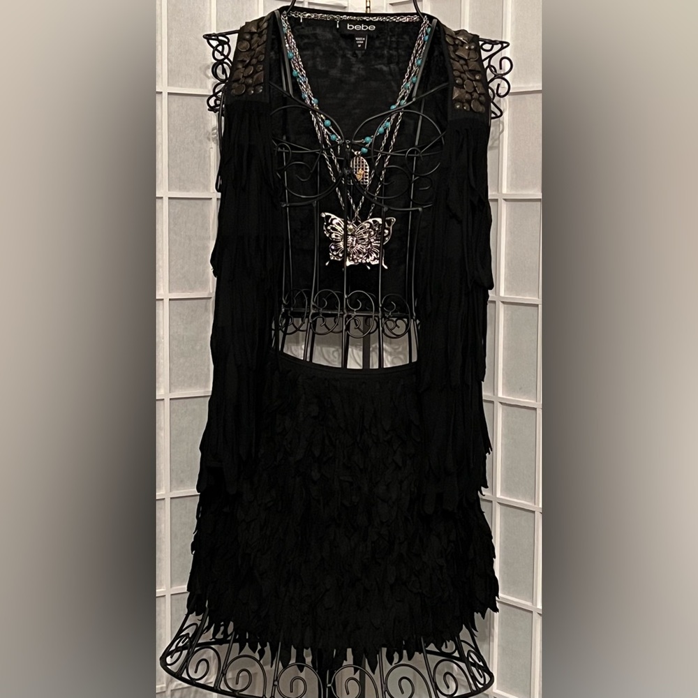BEBE Black Suede Fringe Vest & Mini Skirt Set